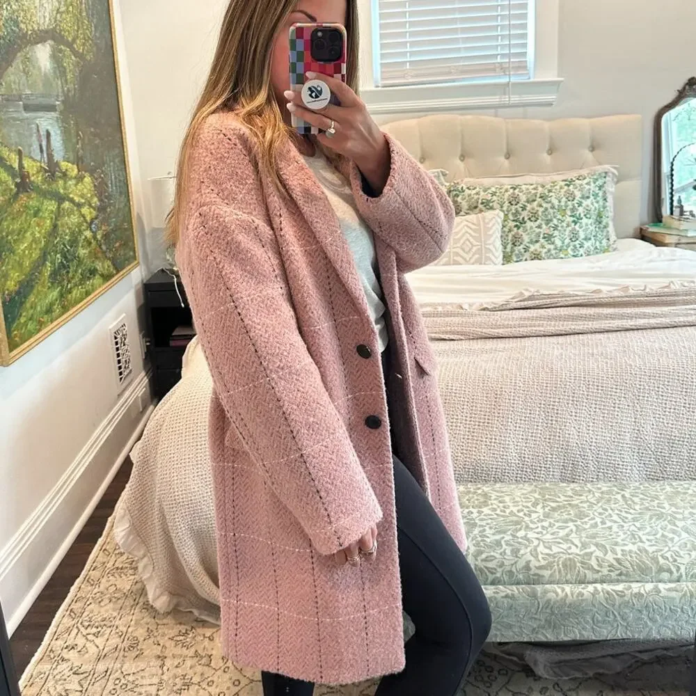 Rag & Bone Estelle Pink Cocoon Checked Wool Coat Medium